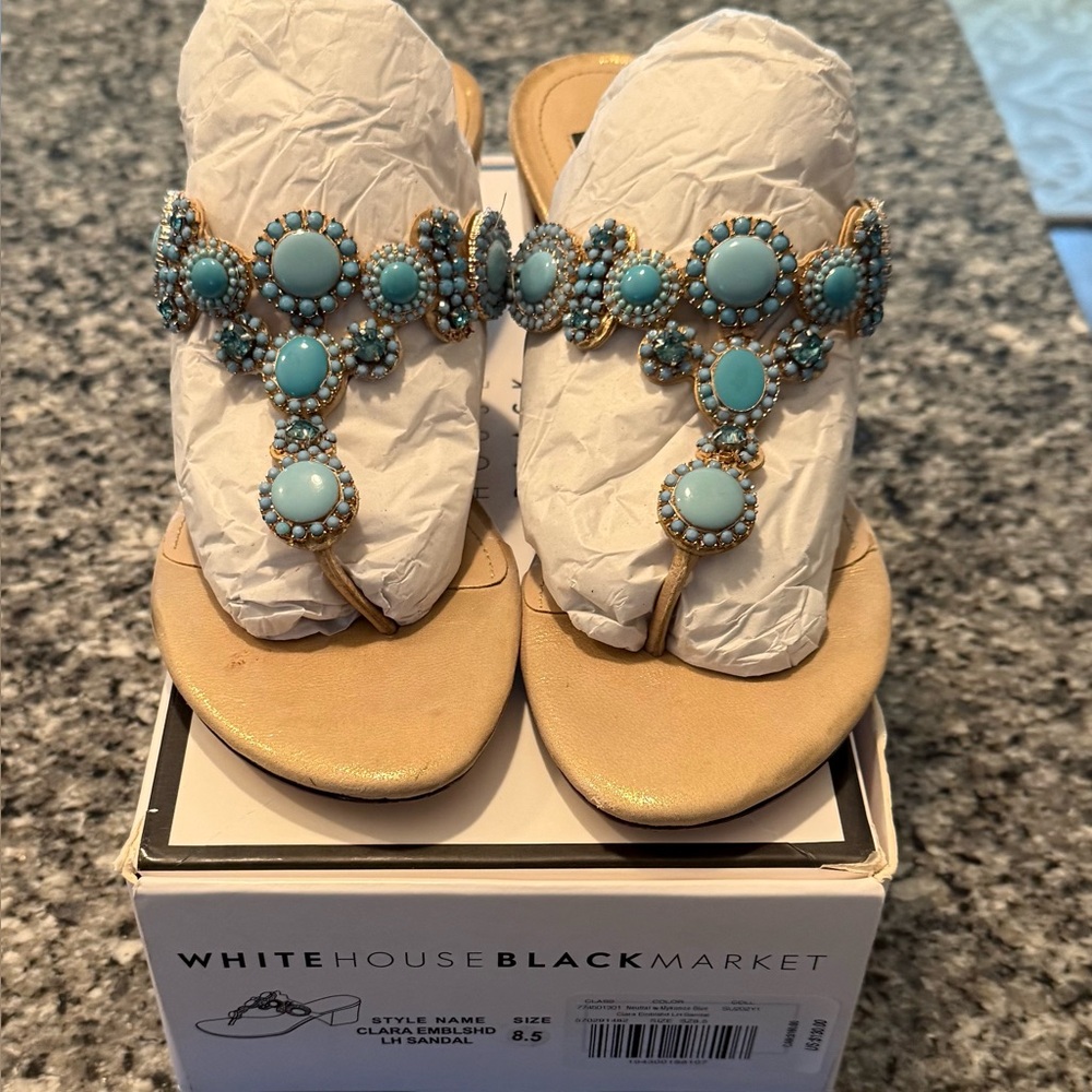 White House Black Market Gold Tan Sandals with Turquoise Beading